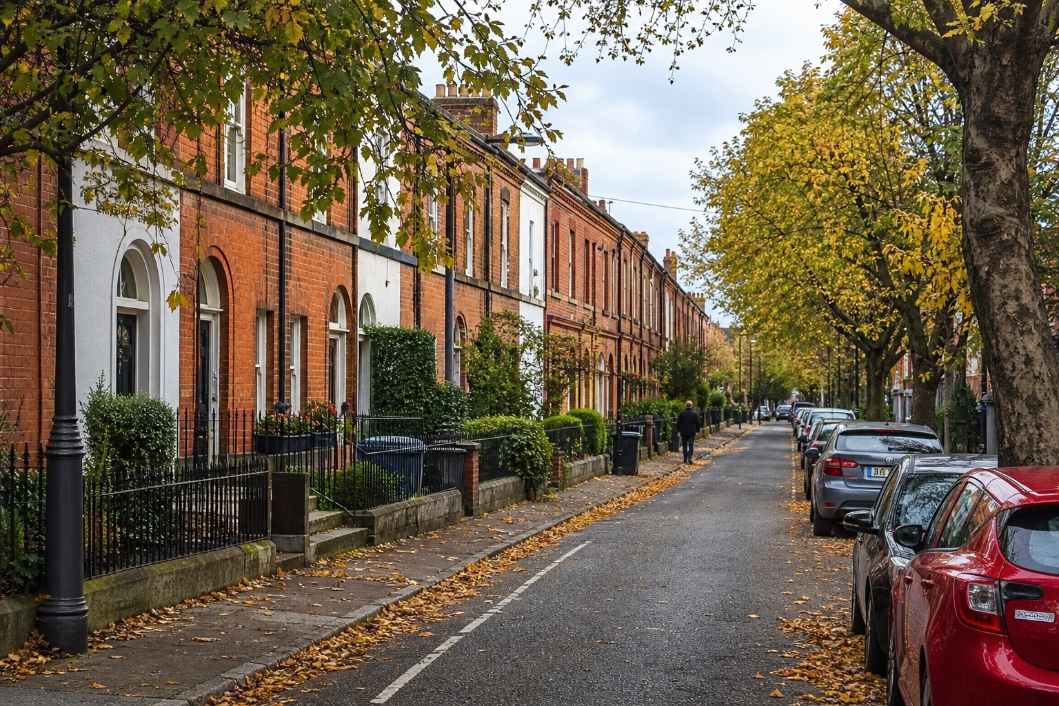 A Ranelagh street of Victorian red-brick terraces in late afternoon light — granite kerbs, mature trees, a wedge of evening sky
