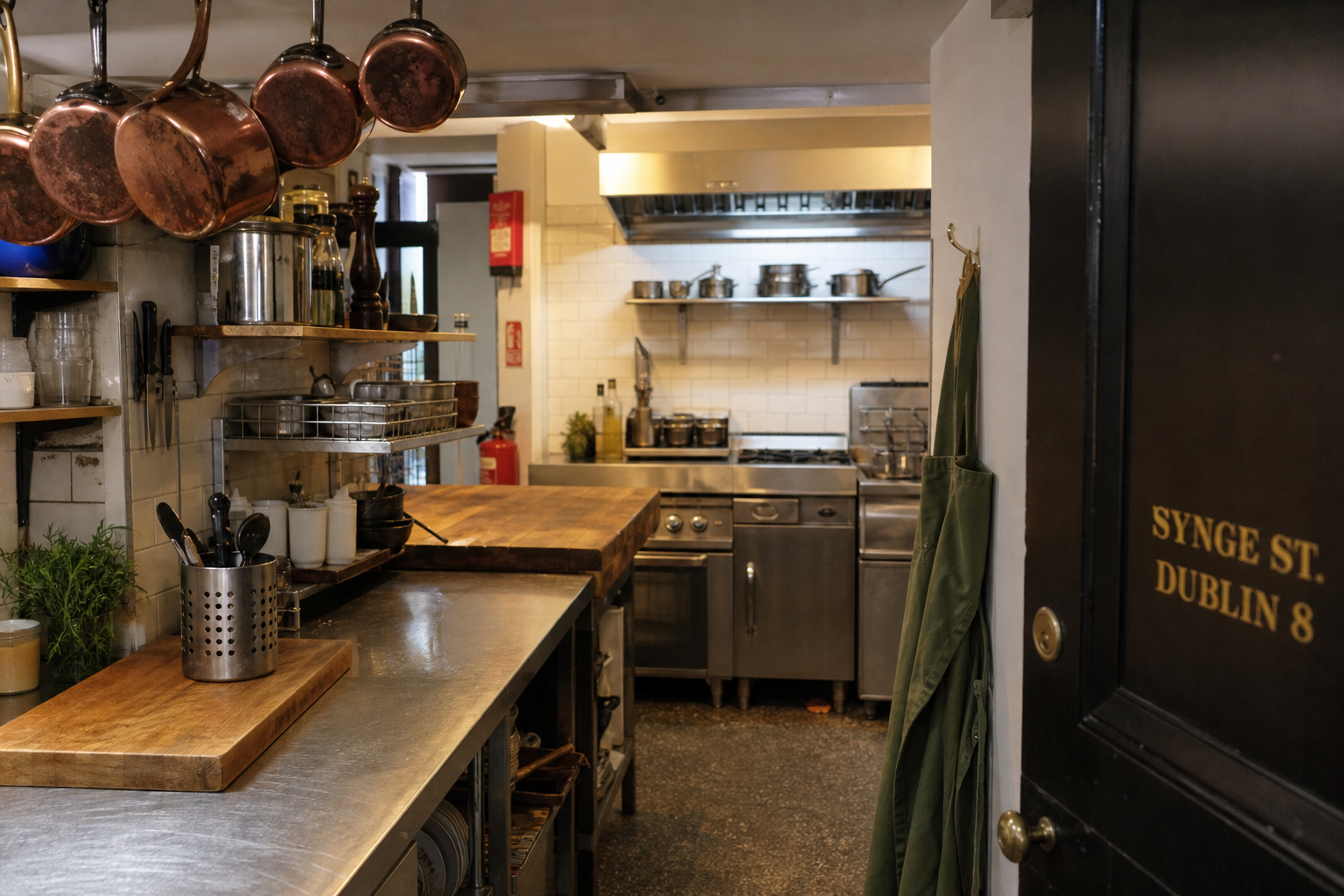 The Synge Street kitchen — small stainless prep table, hanging copper pans, daylight from a small back window, a tray of mid-prep canapés cooling on the bench