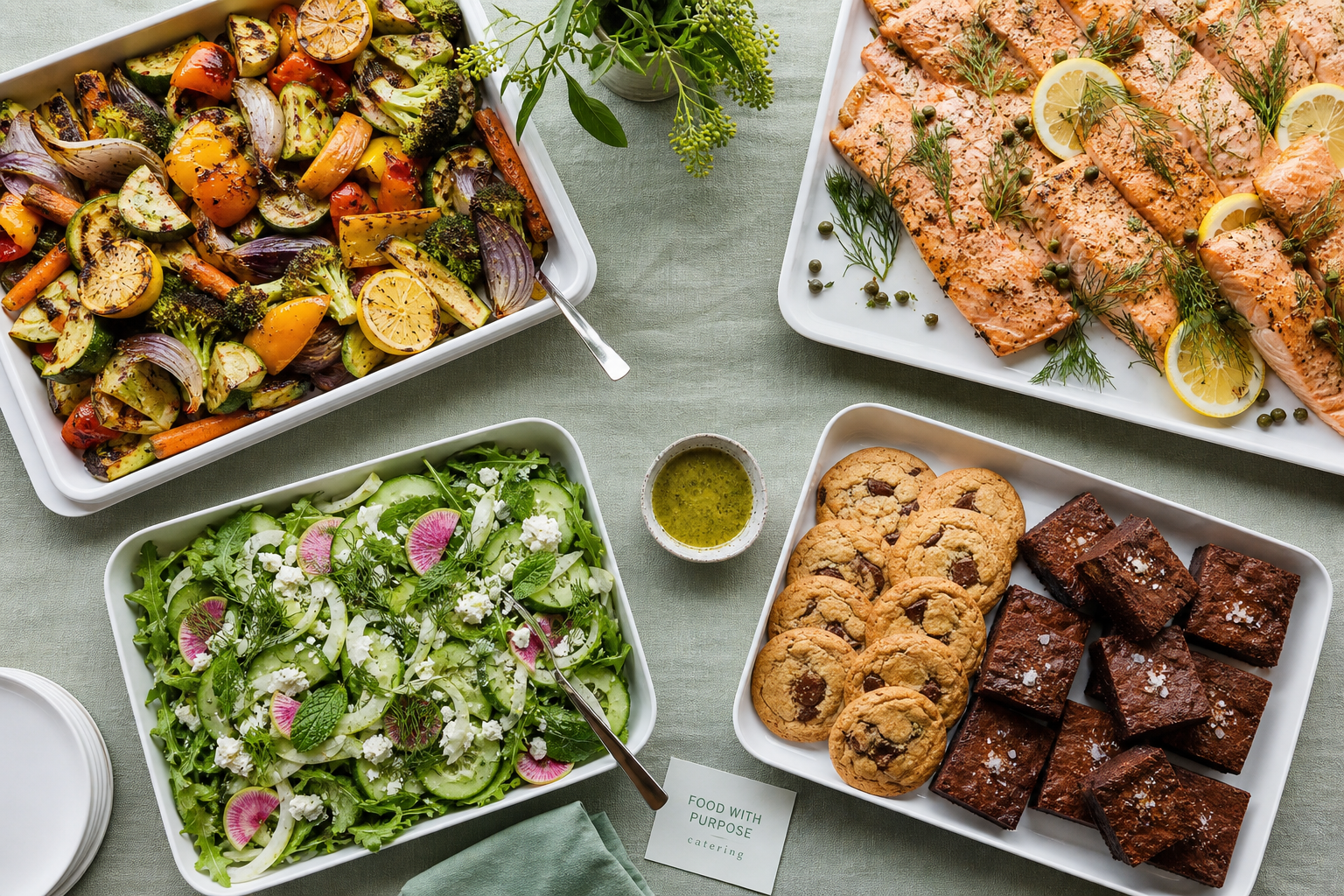 Corporate lunch drop, hot trays and salad on a long boardroom table