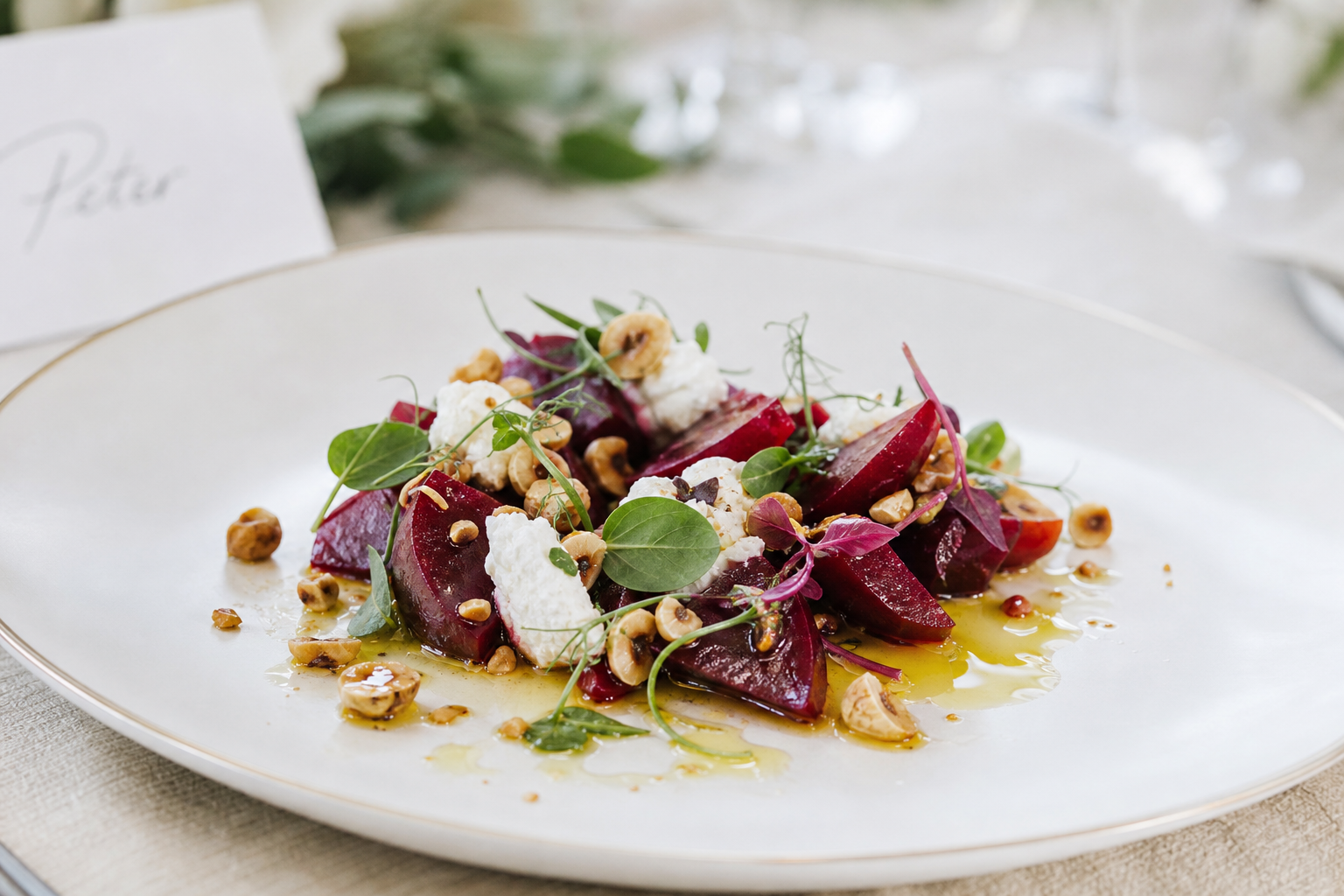 Plated wedding starter — beetroot, goat curd, hazelnut
