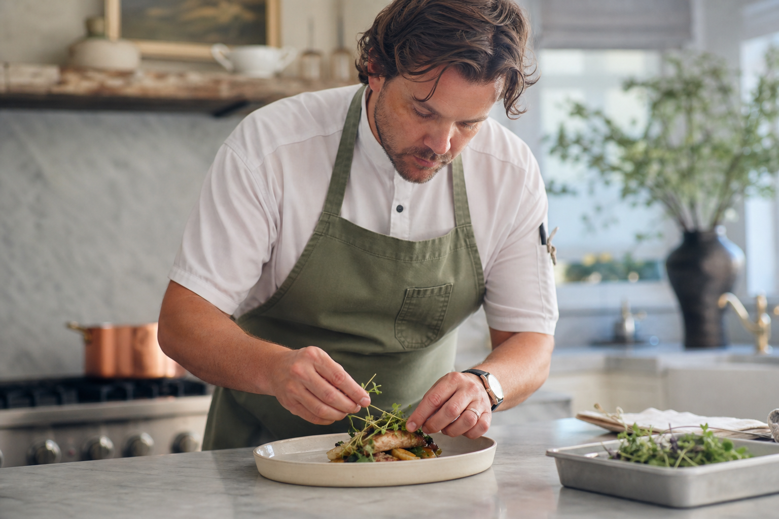 A dressed dinner table for ten in a Dublin Georgian dining room — taper candles, low arrangement of foraged herbs, plated starter course just being put down